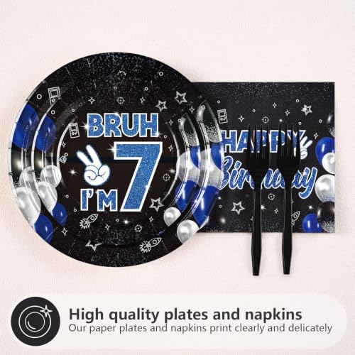96 Pcs Bruh 7th Birthday Party Decorations for Boys, Serves 24 - style: Black Blue Bruh 7th Plates