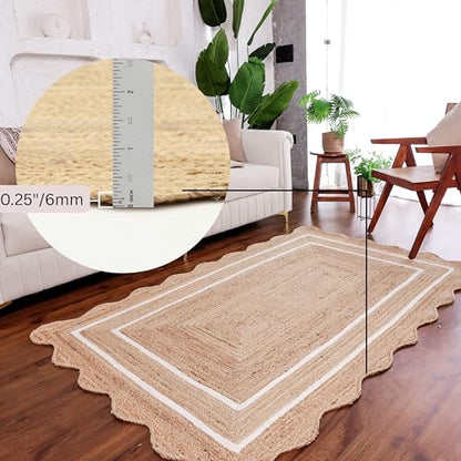 Wave Scalloped Jute Rug Entryway Natural Boho Area Rug Off-White 2'x3' - color: White, size: 2'x3'