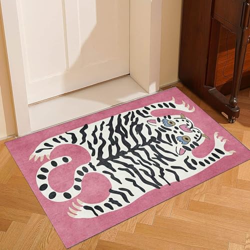 Pink Tiger Rug for Bathroom Door Mats 2x3 ft Boho Funky Tiger Carpet for Kids Room Small Area Rug for Bedroom Washable Cartoon Cute Floor Mats - color: C, size: 2' x 3' (Rectangular)