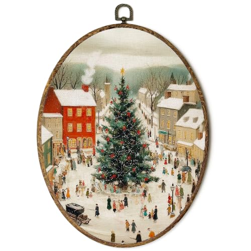 FSTCSV Winter Village Christmas Tree Oval Wall Art Framed 8.8x11.5in - color: oval-13