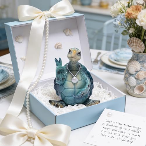 Hodao Summer Sea Turtle Figurine, Peace Sign Ocean Turtle Coastal Decor - color: Blue-2