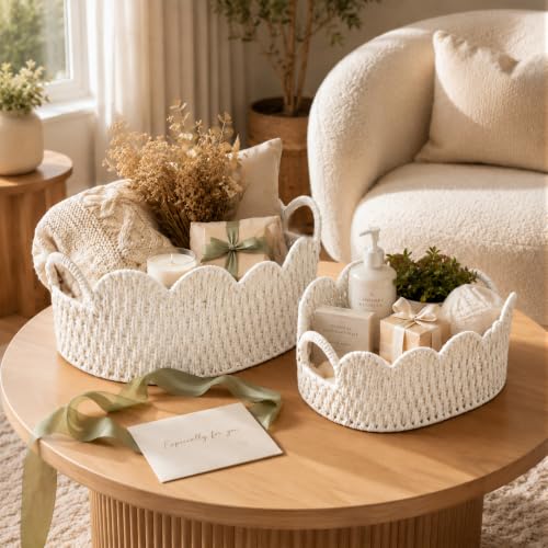 Endymion Set of 2 Paper Rope Scalloped Basket, Wicker Storage Baskets White - color: White