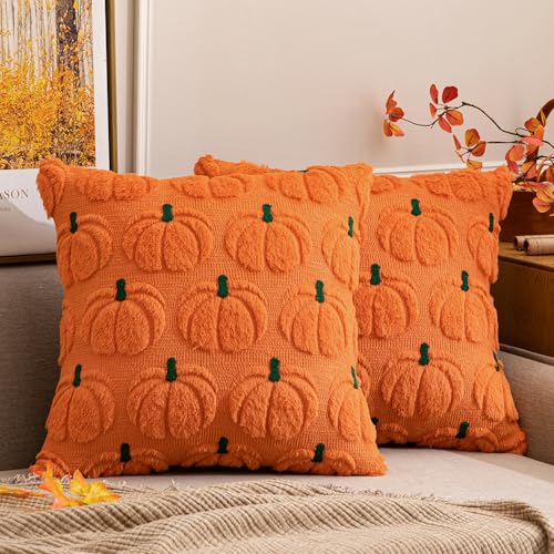 MIULEE Fall Pumpkin Pillow Covers Fall Decor Orang Green Stem 18x18 - color: Orang Green Stem, size: 18" x 18" (Pack of 2)