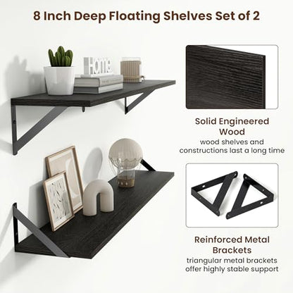 Axeman 36 Inch Floating Shelves, 8 Inch Deep Black Wall Shelves Set of 2 - color: Black, size: 36 Inch