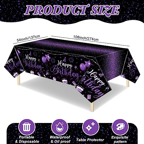 Tudomro 3 Pcs Plastic Happy Birthday Party Tablecloths,Black Purple - color: Black Purple