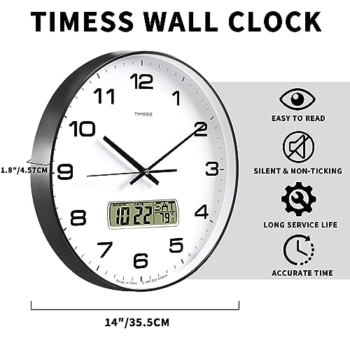 TIMESS 14-Inch Non-Ticking Analog Wall Clock with LCD Display, Black - color: Black, size: 14 Inch