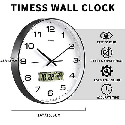 TIMESS 14-Inch Non-Ticking Analog Wall Clock with LCD Display, Black - color: Black, size: 14 Inch