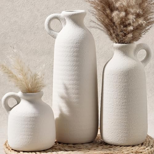 White Ceramic Vase Set of 3 with Handle, Waterproof Vases for Pampas Grass - color: 3pcs- White With Handle