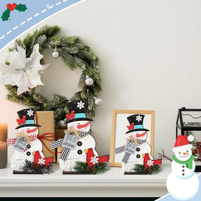 Cinnvoice 3 Pcs Christmas Snowman Decorations, Wooden Snowman Table Decor