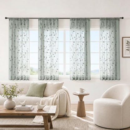 HOMEIDEAS Sage Green Kitchen Curtains Leaf Embroidered, 52x45, 2 Panel - color: 1-sage Green, size: 52"W x 45"L (Pack of 2)