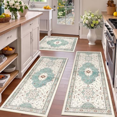 Boho Kitchen Rug Set of 3, Non-Slip Washable Water Green Kitchen Mat - color: Water Green, size: 20"x32"+20"x48"+20"x59"