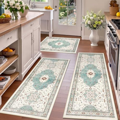 Boho Kitchen Rug Set of 3, Non-Slip Washable Water Green Kitchen Mat - color: Water Green, size: 20"x32"+20"x48"+20"x59"