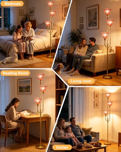 Glass Floor Lamp 66IN 3-Light Modern Red Glass Gold Dimmable Floor Lamps - color: Deep Red Flower-Gold