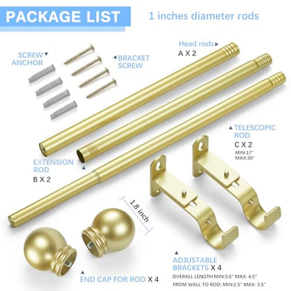 Curtain Rods for Windows 16-48", 1 In Gold Curtain Rod, 2 Pack - color: Warm Gold, size: 48" - 1'' rod - 2 Pack
