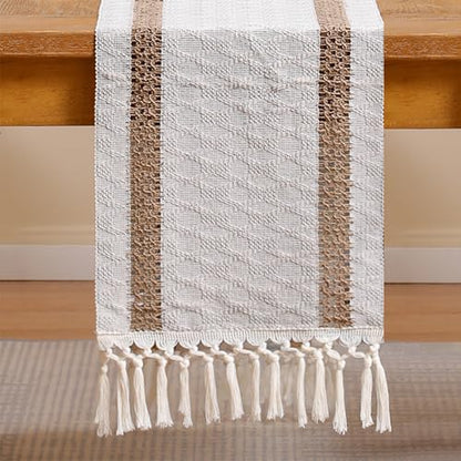 120 inch Table Runner Khaki Double Striped Boho Fall Decor - color: Khaki Double Stripes