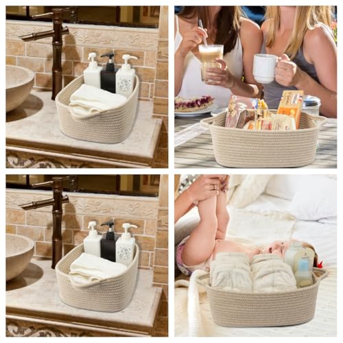 XUANGUO Medium Woven Cotton Rope Storage Basket with Handles, Oatmeal - color: Oatmeal