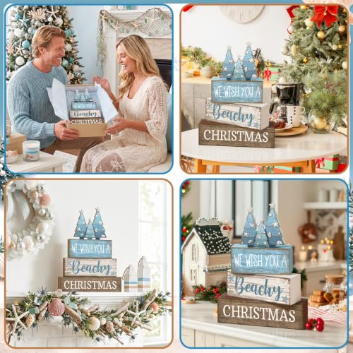 Lineshading 4 Pcs Coastal Christmas Table Decor, Blue Beachy Christmas Tree - style: Blue Christmas Tree