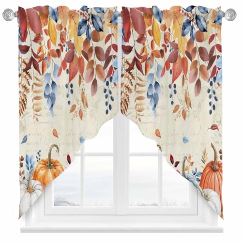 Orange Blue Fall Swag Valances Kitchen Curtains 36 Inches Length,Thanksgiving Autumn Pumpkin Tier Drapes Swag Topper,Farmhouse Eucalyptus Leaves Short Window Treatment for Window Cafe 2 Panels 28"x36" - color: Orange Blue, size: 28"W x 36"L (Pack of 2)
