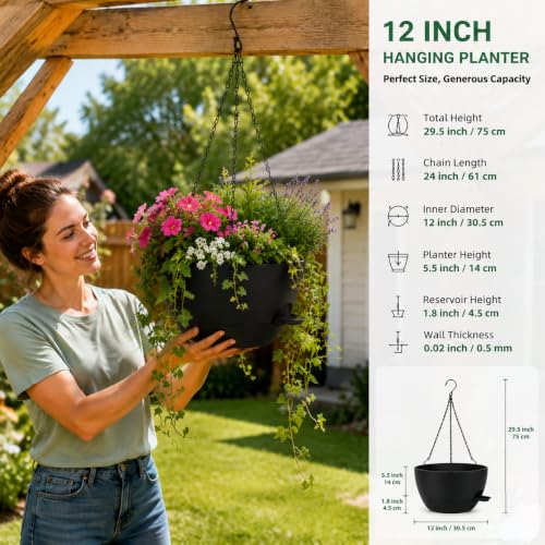 12" Self Watering Hanging Planters with Chains, Black, 2 Pack - color: Black, size: 2 pack 12 inches