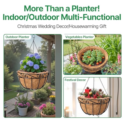 AMAGABELI Garden & Home 4 Pack 15 Inch Plant Hanging Baskets Metal Hanging Planter Flower Pots Outdoor Indoor Wire Hanging Basket for Plants with Coco Fiber Liners Chain for Garden Home Porch Decor