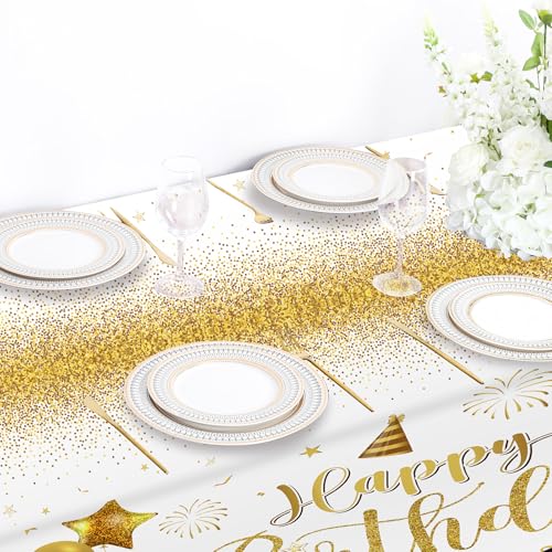 Tudomro 3 Pcs Plastic Happy Birthday Party Tablecloths,White Gold - color: White Gold
