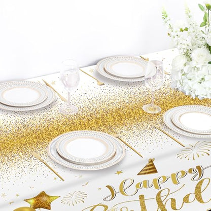 Tudomro 3 Pcs Plastic Happy Birthday Party Tablecloths,White Gold - color: White Gold
