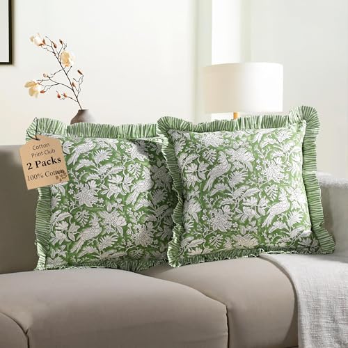CPC Olive Green Block Print Ruffle Pillow Cover 16x16 Inch, Pack of 2 - color: Olive Green, size: 16" x 16" (Pack of 2)