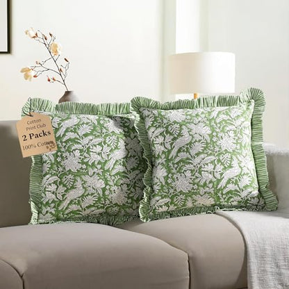 CPC Olive Green Block Print Ruffle Pillow Cover 16x16 Inch, Pack of 2 - color: Olive Green, size: 16" x 16" (Pack of 2)