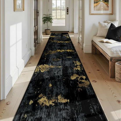RELEANY Washable Runner 2'6"x14' Abstract Area Rug for Hallway Black Gold - color: Black/Gold, size: 2'6" x 14' (Runner)