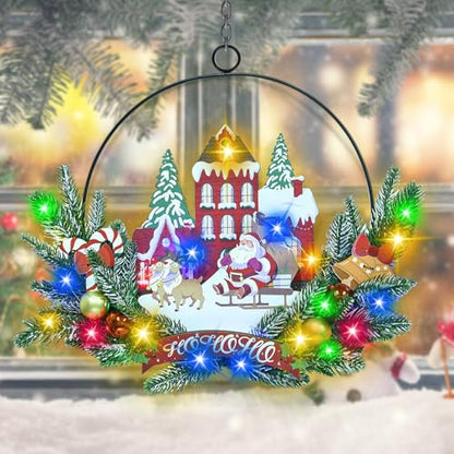 Pre-Lit Christmas Wreath for Front Door, Lighted Witch with 6H On/18H Off - color: Santa Claus-multicolor