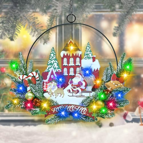 Pre-Lit Christmas Wreath for Front Door, Lighted Witch with 6H On/18H Off - color: Santa Claus-multicolor