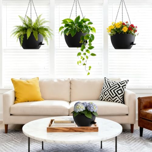 UOUZ Set of 3-10 Inch Self Watering Hanging Planters for Indoor & Outdoor，Hanging Plant Pots with Drainage & Removable Tray, Hanging Pots Holder for Ivy, Spider Plants, Ferns, Balcony & Patio, Black - color: Black, size: 10inch-3pack