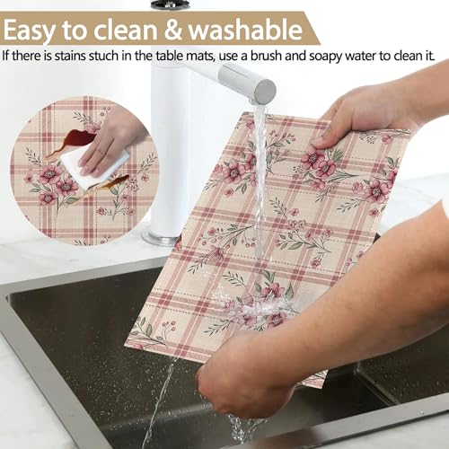 Placemats Set of 6, Cute Flowers Pink Linen Placemats 12x18 Inch, Heat Resistant Table Mats, Washable Non Slip Place Mats for Dining Table Kitchen Home - color: Cute Flowers Pink