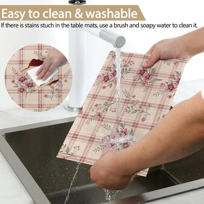 Placemats Set of 6, Cute Flowers Pink Linen Placemats 12x18 Inch, Heat Resistant Table Mats, Washable Non Slip Place Mats for Dining Table Kitchen Home - color: Cute Flowers Pink