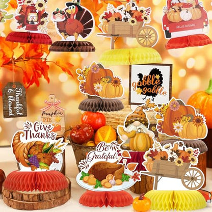 NatNarr 12PCS Thanksgiving Table Decorations Thanksgiving Centerpieces for Tables Autumn Honeycomb Centerpiece Fall Table Toppers Turkey Centerpiece Decor for Birthday Party Supplies - style: Thanksgiving