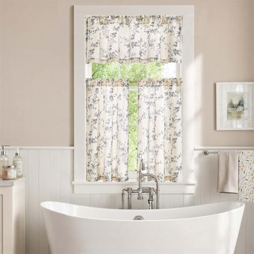 jinchan Black Linen Floral Kitchen Tier Curtains and Valance Set 3 Pieces - color: Alisa | Black on Linen, size: 26"W x 36"L (Pack of 3)