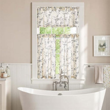jinchan Black Linen Floral Kitchen Tier Curtains and Valance Set 3 Pieces - color: Alisa | Black on Linen, size: 26"W x 36"L (Pack of 3)
