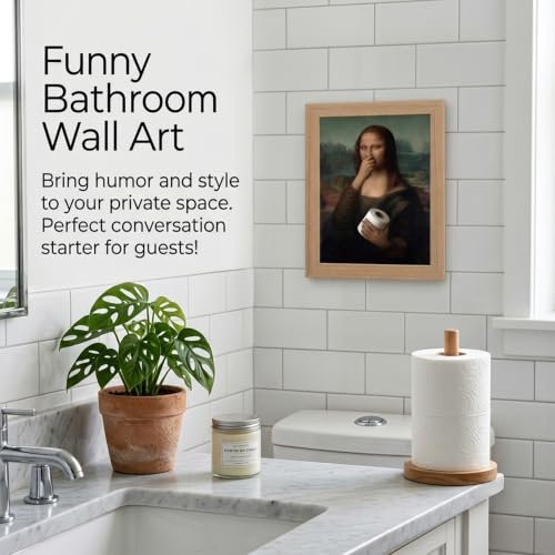 DGBQMK Funny Bathroom Wall Art Mona Lisa Parody Framed Canvas Print, Classic Portrait Toilet Paper Humor Picture for Restroom Decor, Natural Solid Wood Frame, 8x10 inch - color: monalisa, size: 10"Lx8"W