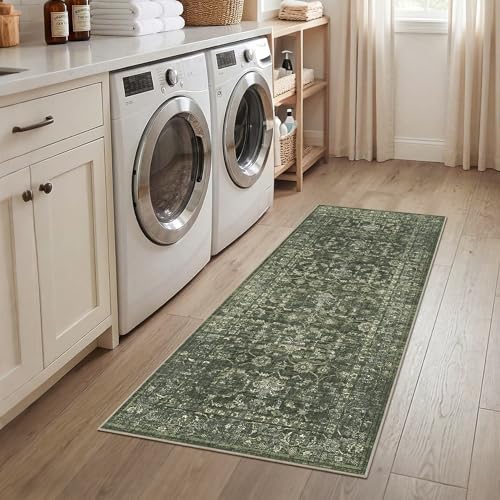 2x5 Washable Kitchen Runner Rug Non-Slip Boho Dark Green Throw Carpet - color: Dark Green, size: 2' x 5' (Runner)