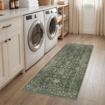 2x5 Washable Kitchen Runner Rug Non-Slip Boho Dark Green Throw Carpet - color: Dark Green, size: 2' x 5' (Runner)