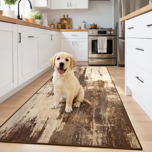 Kelarea Washable Runner Rug 2.6x8, Non-Slip Low Pile Abstract Brown - color: Brown, size: 2'6" x 8' (Rectangular)