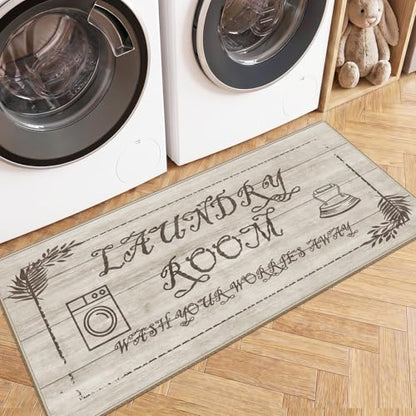 Non Slip Laundry Runner Rug: Farmhouse Laundry Rugs for Laundry Room - color: Beige Wood Tone, size: 1'8" x 4' (Rectangular)