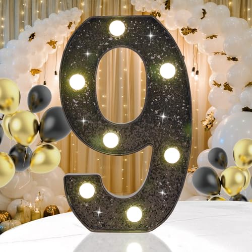Black Glitter LED Marquee Number 9, Warm White Light Decor Sign - size: Number-9