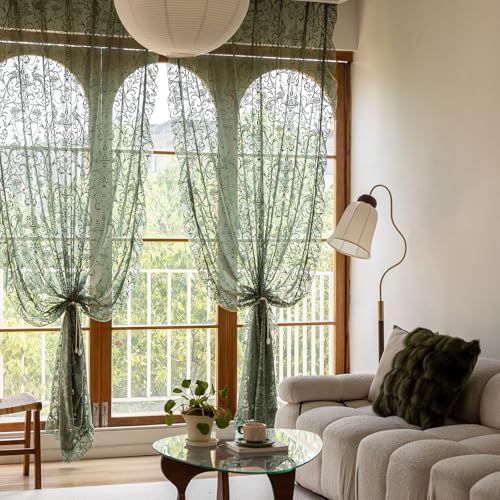 TUDECO Green Lace Curtains 96 Inch Long, Embroidered Floral Sheer 2 Panels - color: Olive Green, size: 59"W x 96"L (Pack of 2)