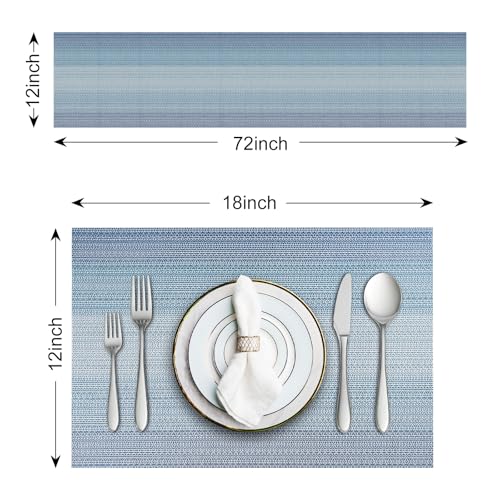 Aofmee Table Runner and Placemats Set of 6 Washable, Heat Resistant Place Mats with Table Runner, Woven Vinyl Table Placemats for Dining Table, Stain Resistant Kitchen Table Mats Sets, Easy to Clean - color: Stripe-blue, size: Set of 7