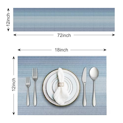Aofmee Table Runner and Placemats Set of 6 Washable, Heat Resistant Place Mats with Table Runner, Woven Vinyl Table Placemats for Dining Table, Stain Resistant Kitchen Table Mats Sets, Easy to Clean - color: Stripe-blue, size: Set of 7