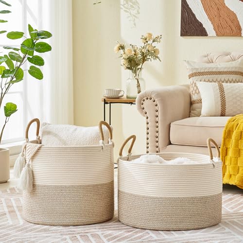 KAKAMAY Large Blanket Basket with Handles, Storage Basket for Living Room - color: Beige Mix