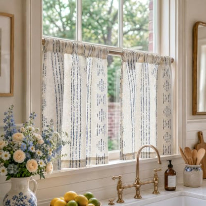 jinchan Linen Striped Tier Curtains for Kitchen Windows Boho - color: Boho Blue | on Beige, size: 26"W x 20"L (Pack of 2)