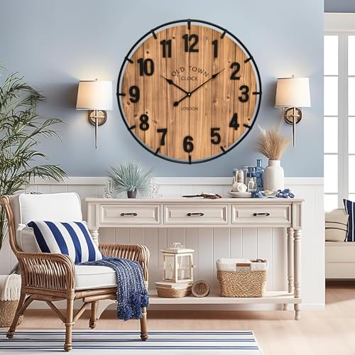 EMAX HOME Large Old Town Farmhouse Wall Clock 30 Inches Rustic Antique Wood with Metal Circle and Large Numerals Silent Battery Operated Wall Clock for Office Kitchen Bedroom Living Room - color: Brown, size: 30 Inch