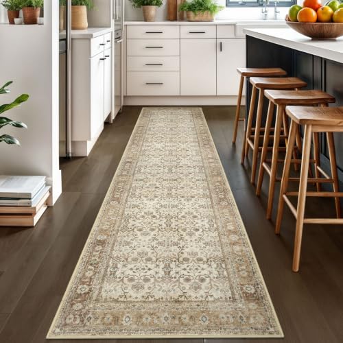 SIILOOM 2.6x10 Washable Runner Rug, Non Slip Area Rug for Hallway Kitchen - color: Beige/Brown, size: 2'7" x 10' (Runner)